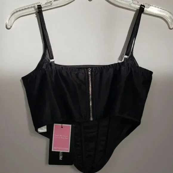 Pretty Little Thing Top Womens 2 Black Satin Dipped Ham Boned Corset Cami Swifty - Picture 3 of 9